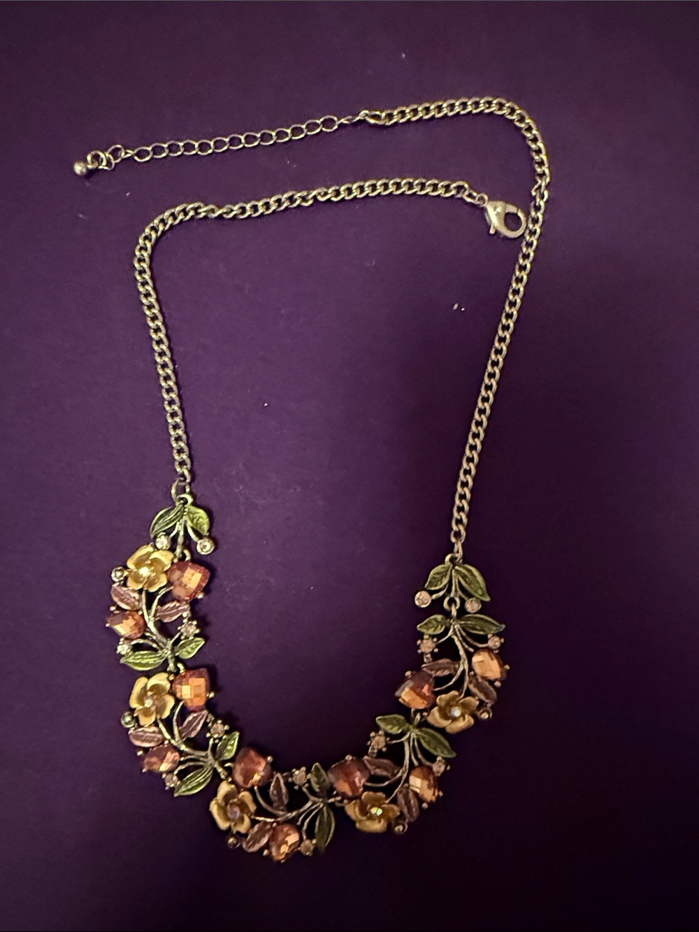 Christopher & Banks Gold Floral Necklace with Green Leaves and Peach Accents